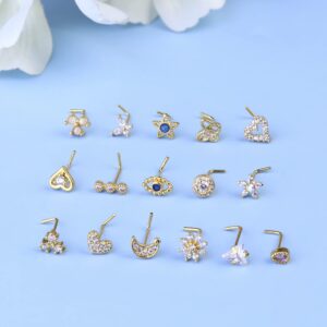 YADOCA 16 Pcs 20G Nose Studs Surgical Steel L Shaped Nose Rings Studs for Women Opal CZ Heart Butterfly Nose Piercing Jewelry Silver Rose Gold