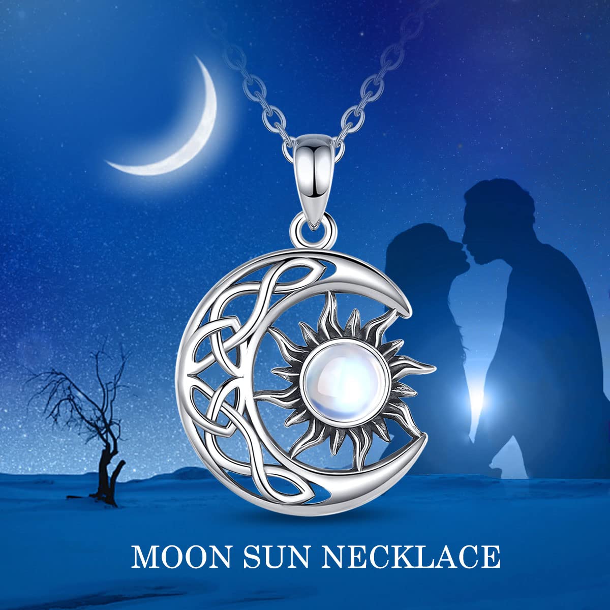 Vito Celtic Moon and Sun Necklace for Women, Sterling Silver Vintage Crescent Pendant Oxidized Moonstone Jewelry Gift for Wife, 18 Inch Chain