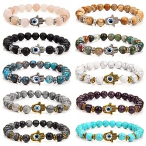 FINZOR 10Pcs Evil Eye Charm Beaded Bracelets for Women Men Semi-Precious Gemstones Bracelets Crystal Bracelet Hamsa Hand of Fatima Turkish Evil Eye Lucky Bracelet for Protection Blessing