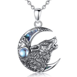 Vito Sterling Silver Wolf Moon Necklace for Women Men, Viking Wolf Moonstone Crescent Pendant Abalone Oxidized Jewelry Gifts, 18 Inch Chain