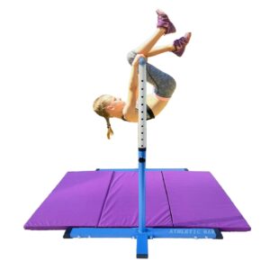 Athletic Bar Expandable Gymnastics Kip Bar 3 in 1 Set with 8 FT Adjustable Balance Tube, 6'x4' Mat for Kids, Horizontal Bar Junior Gymnastic Training Adjustable 3-5 FT Gymnast Asymmetric Bar Blue