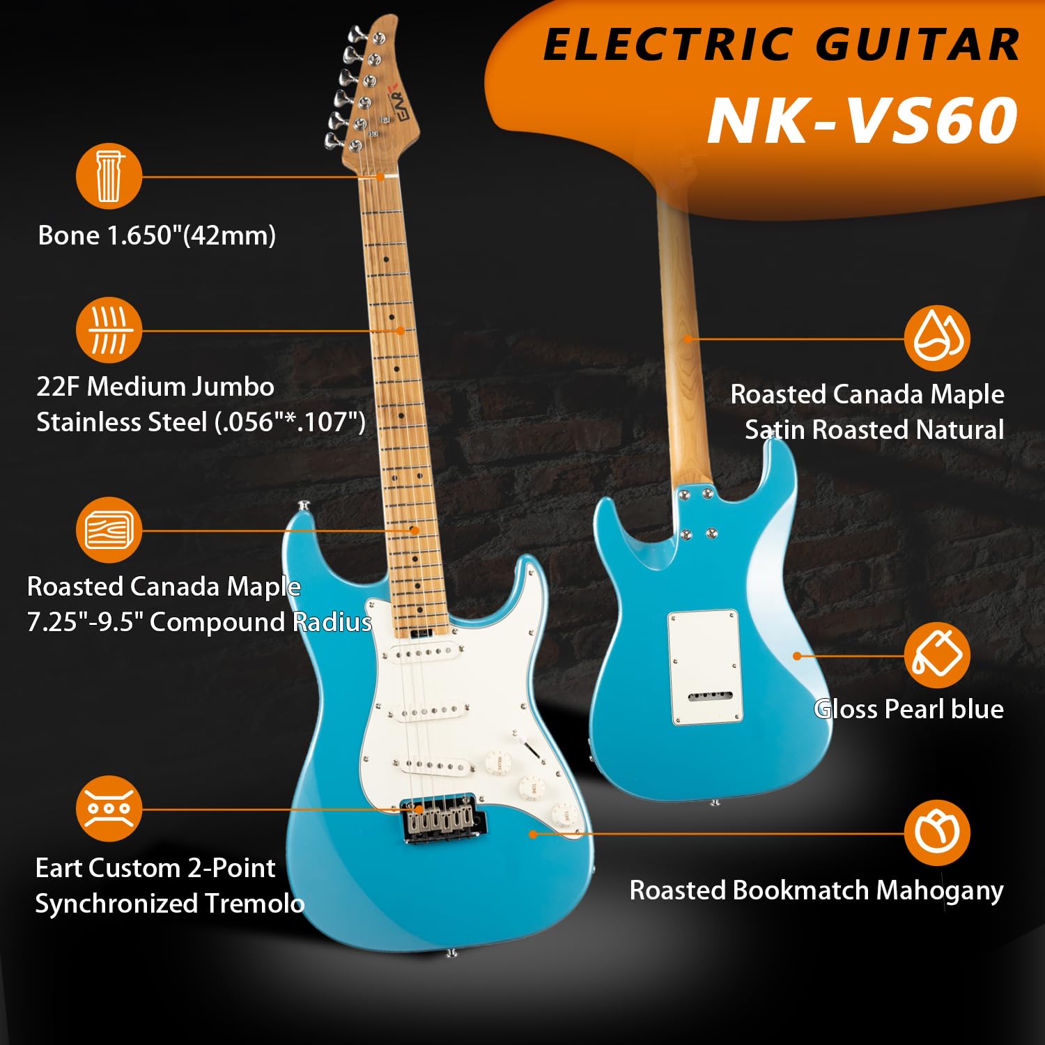 EART NK-VS60 6 String Solid Body Electric Guitar,Roasted Mahogany Body, Full-Size Electric Guitar Alnico-V Pickups, Tremolo System Electric Guitars