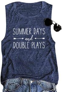 summer days and double plays tank tops women funny baseball shirt casual sleeveless softball muscle tank vest (blue, l)