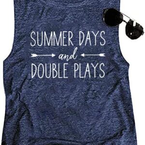 Summer Days and Double Plays Tank Tops Women Funny Baseball Shirt Casual Sleeveless Softball Muscle Tank Vest (Blue, L)