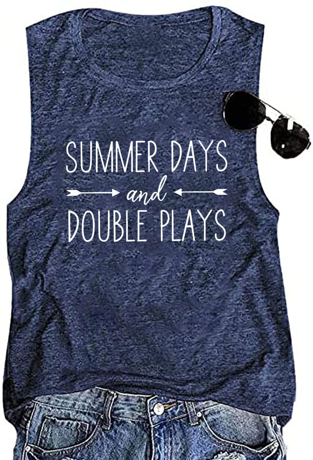 Summer Days and Double Plays Tank Tops Women Funny Baseball Shirt Casual Sleeveless Softball Muscle Tank Vest (Blue, L)