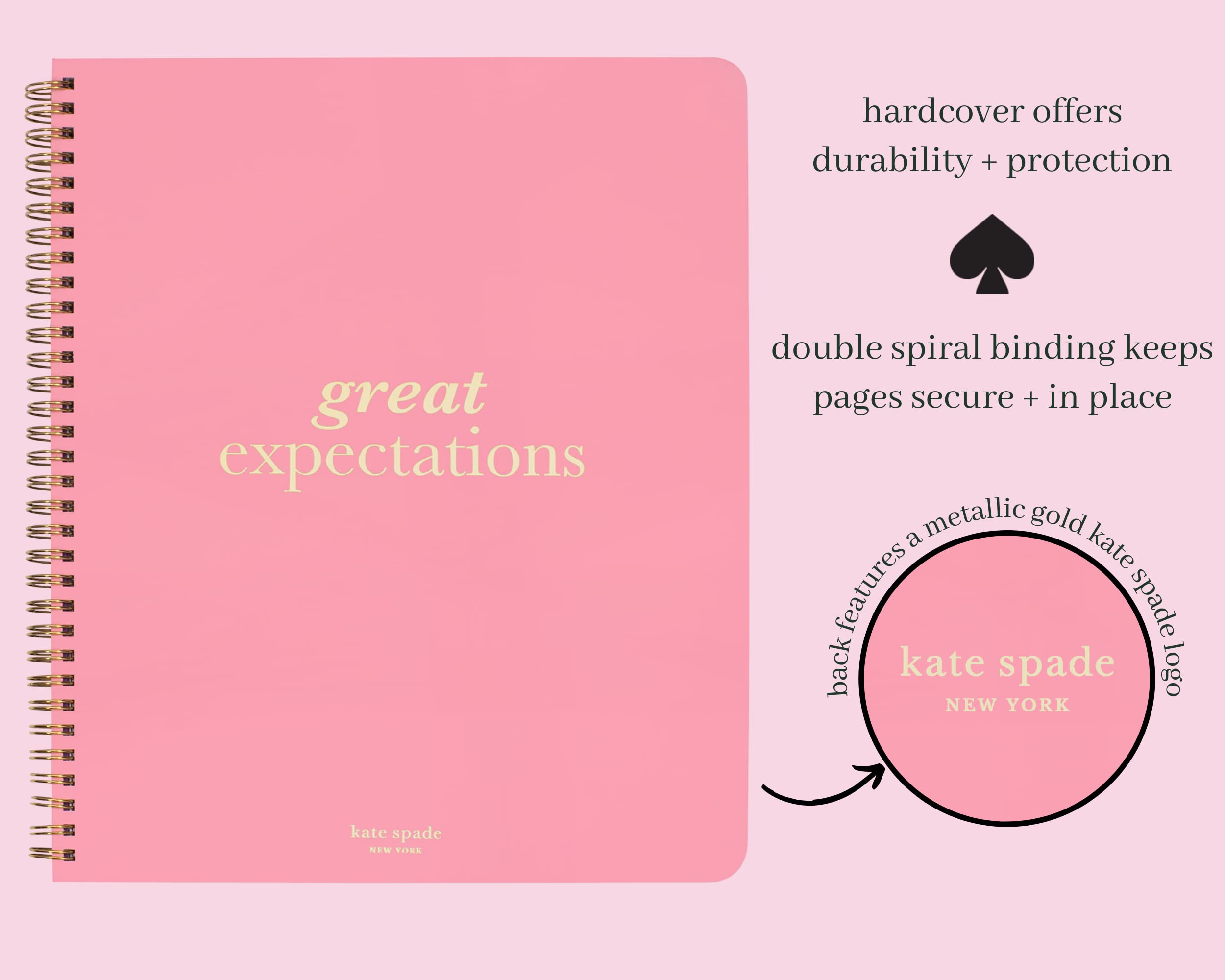 Kate Spade New York Large College Ruled Notebook, 11" x 9.5" Pink Spiral Notebook with 160 Pages, Great Expectations