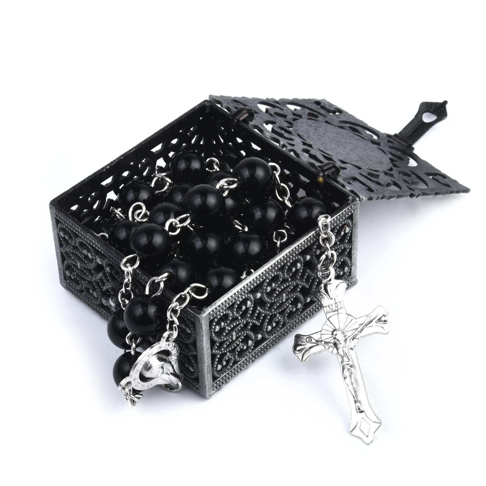 FLAFARY Rosary Set, First Communion Rosary for Girls and Boys, Rosary Beads Catholic for Men, Women and Kids Pack in Holy Cup Metal Gift Box, Rosary Necklace as Gifts (Black)