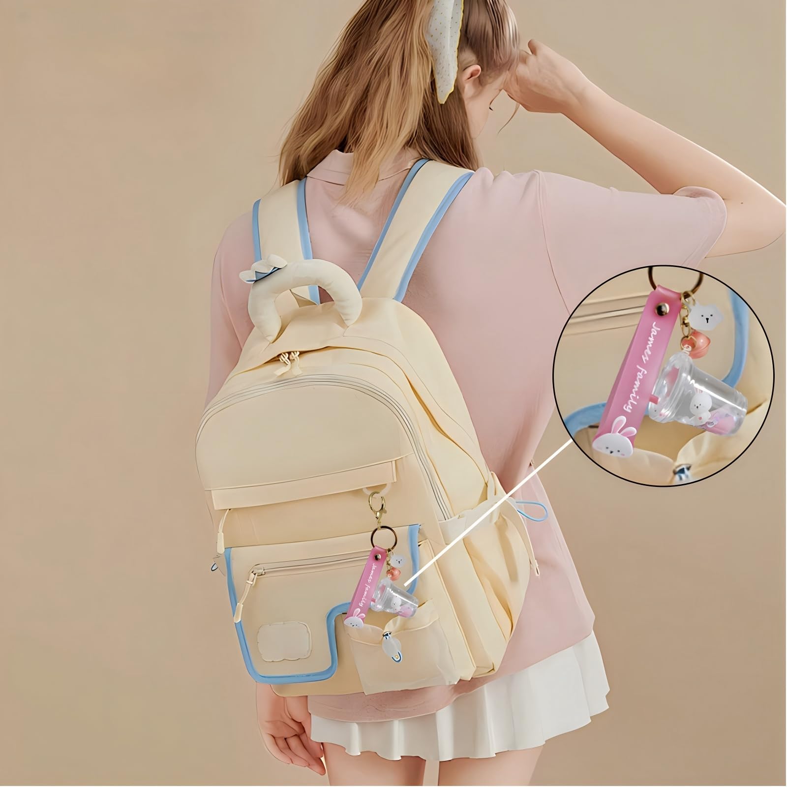 Rertnocnf Cute Kawaii Floating Cartoon Animals White Rabbit Milk Tea Cup Design Backpack Car Key Pendant Kids Girls Women Handbag Wallet Clear Acrylic Glitter Liquid Keychain