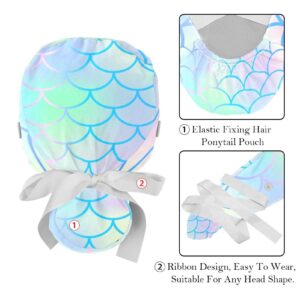 Abstract Mermaid Scale Pattern Working Cap with Button & Sweatband, 2 Packs Reusable Surgical Surgery Hats Ponytail Holder, Multi Color