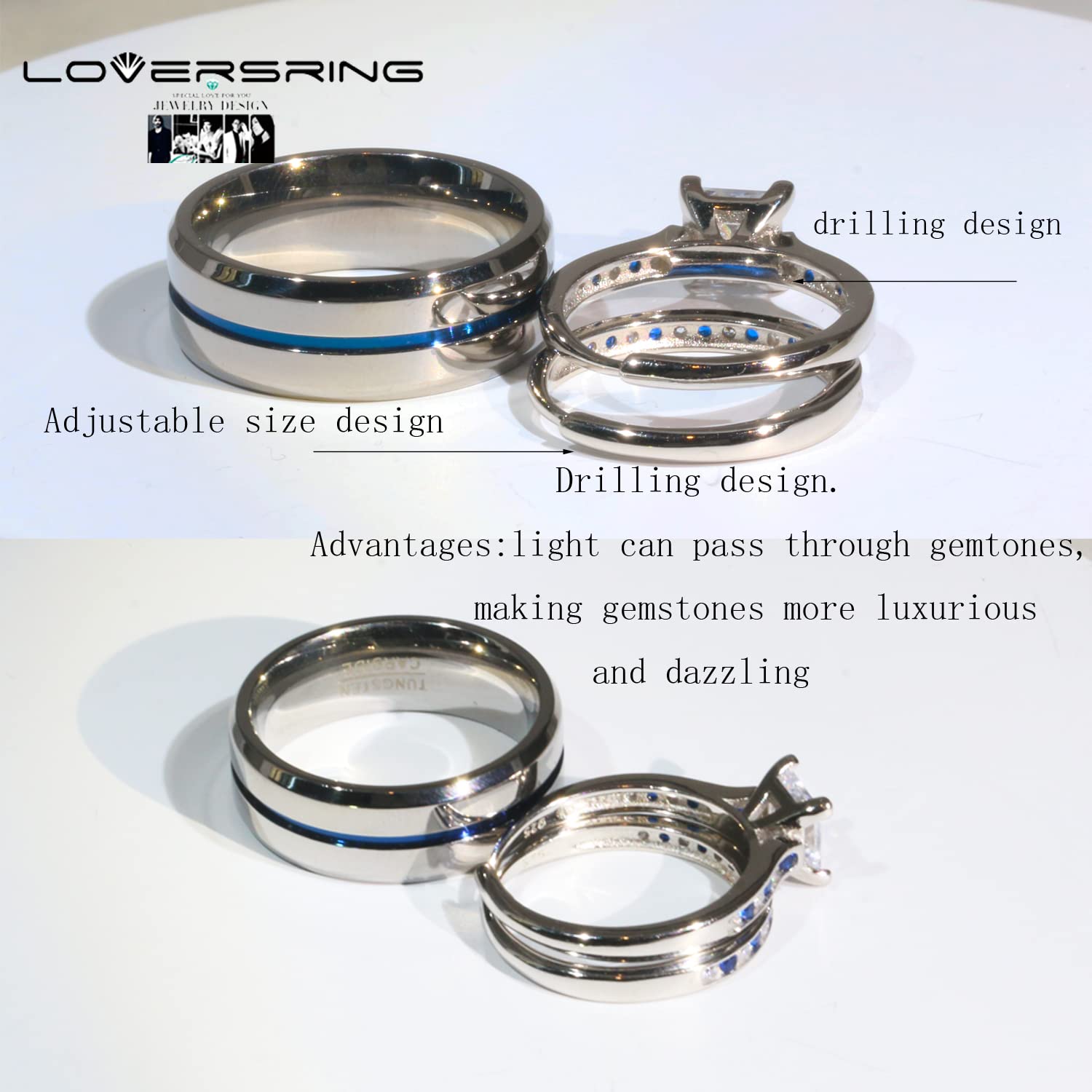 Wedding Ring Sets His And Hers Promise Ring Adjustable size Wedding Ring Sets His And Hers Couples Women 925 Sterling Silver Round Cz Man Tungsten Carbide Wedding Bands