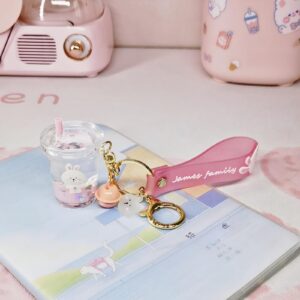 Rertnocnf Cute Kawaii Floating Cartoon Animals White Rabbit Milk Tea Cup Design Backpack Car Key Pendant Kids Girls Women Handbag Wallet Clear Acrylic Glitter Liquid Keychain