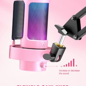 FIFINE USB Streaming Gaming Microphone, PC Condenser Desktop Mic for Video, Home use, YouTube, with RGB Control, Gain Knob, 3.5mm Headphone Jack, Shock Mount, on Computer/PS5-AmpliGame A8 Pink