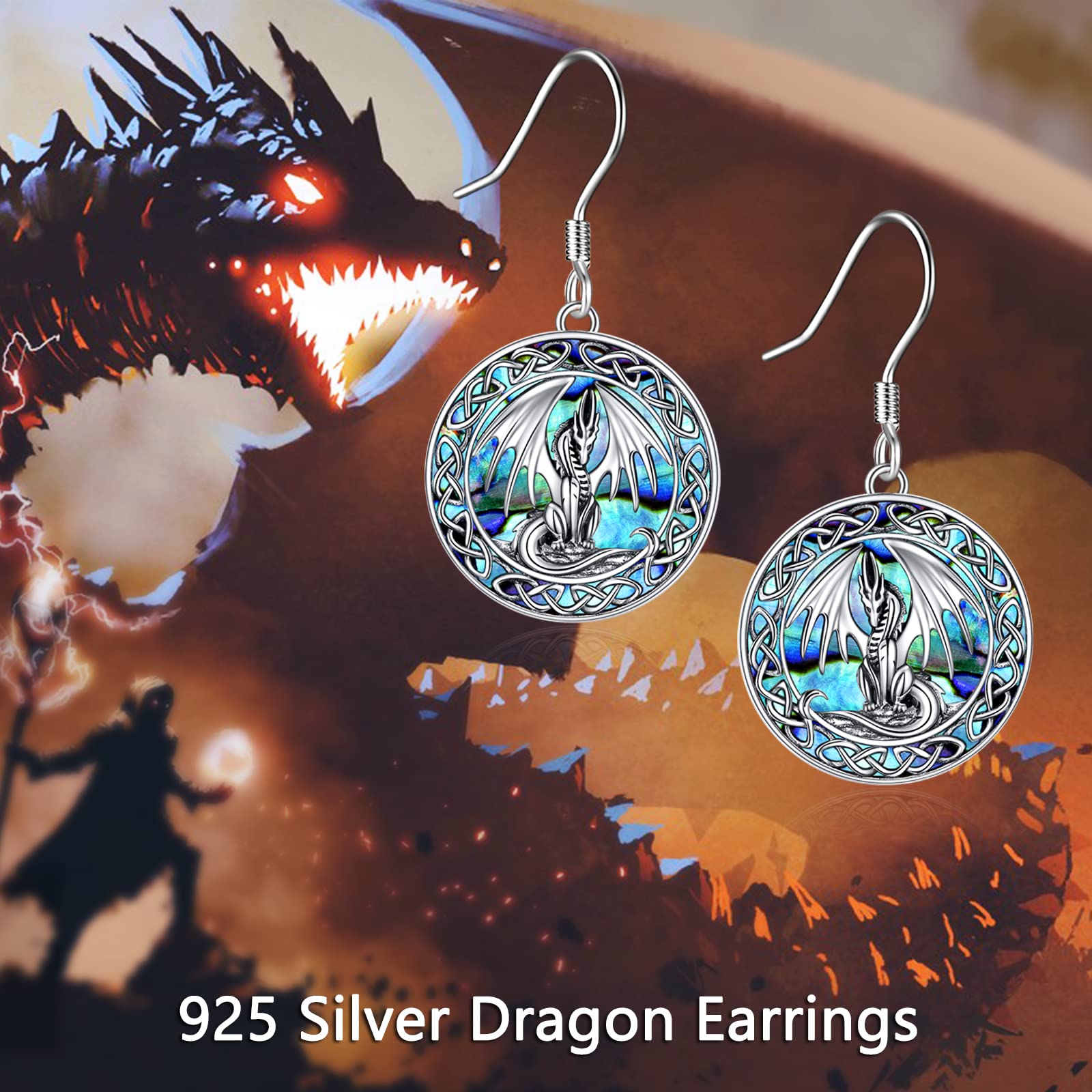 Dragon Earrings Gifts for Mom Her Women Sterling Silver Abalone Shell Irish Celtic Knot Dragon Dangle Earrings Jewelry