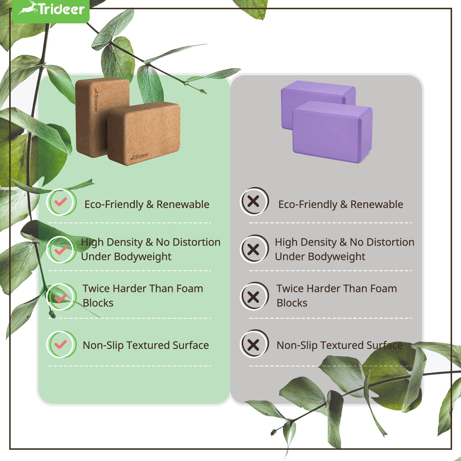 Trideer Cork Yoga Blocks, 2 Pack Yoga Blocks Natural Cork, High Density Yoga Block with Non Slip Surface, Eco-Friendly Yoga Accessories for Women, Ideal for Yoga, Pilates, Stretching