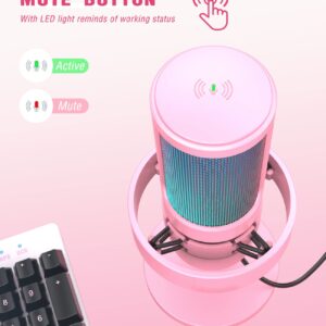 FIFINE USB Streaming Gaming Microphone, PC Condenser Desktop Mic for Video, Home use, YouTube, with RGB Control, Gain Knob, 3.5mm Headphone Jack, Shock Mount, on Computer/PS5-AmpliGame A8 Pink