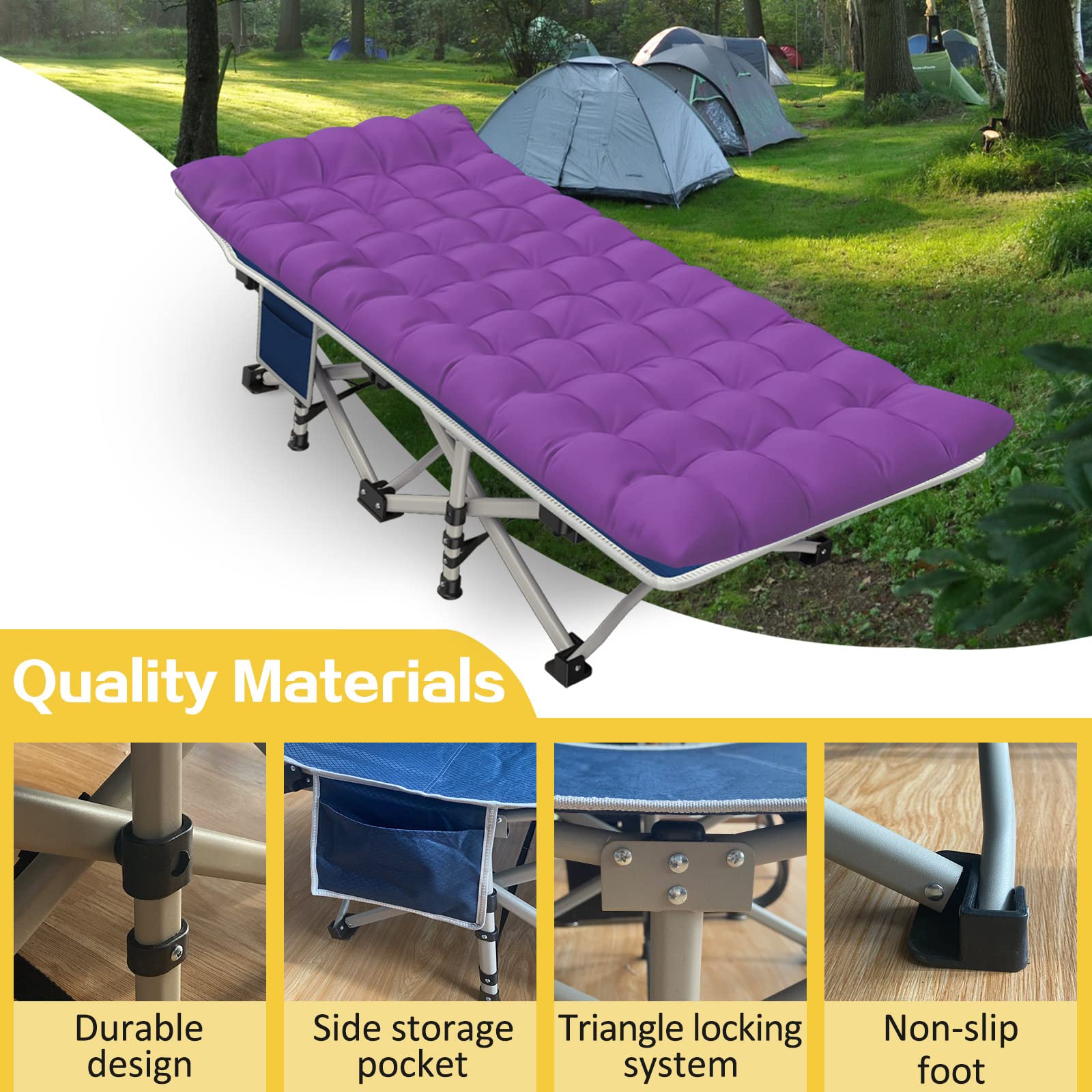 GETOVIN Cot, Camping Cot with Comfortable Thick Pad Cots for Sleeping Heavy Duty Camping Bed Folding Cot Double Layer Oxford with Carry Bag for Home Nap Outdoor Travel