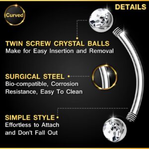 2PCS Surgical Steel Curved Barbell 16g 1/4" (6mm) 3mm Clear Crystal Ball Tragus Rim Earrings Eyebrow Piercing Jewelry 8021