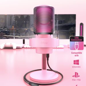 FIFINE USB Streaming Gaming Microphone, PC Condenser Desktop Mic for Video, Home use, YouTube, with RGB Control, Gain Knob, 3.5mm Headphone Jack, Shock Mount, on Computer/PS5-AmpliGame A8 Pink