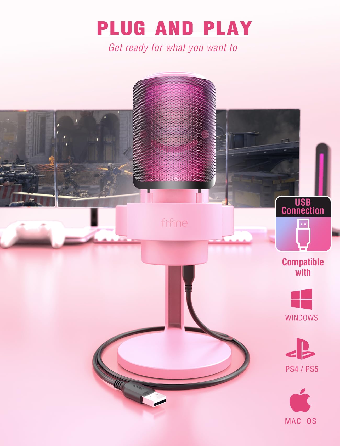 FIFINE USB Streaming Gaming Microphone, PC Condenser Desktop Mic for Video, Home use, YouTube, with RGB Control, Gain Knob, 3.5mm Headphone Jack, Shock Mount, on Computer/PS5-AmpliGame A8 Pink