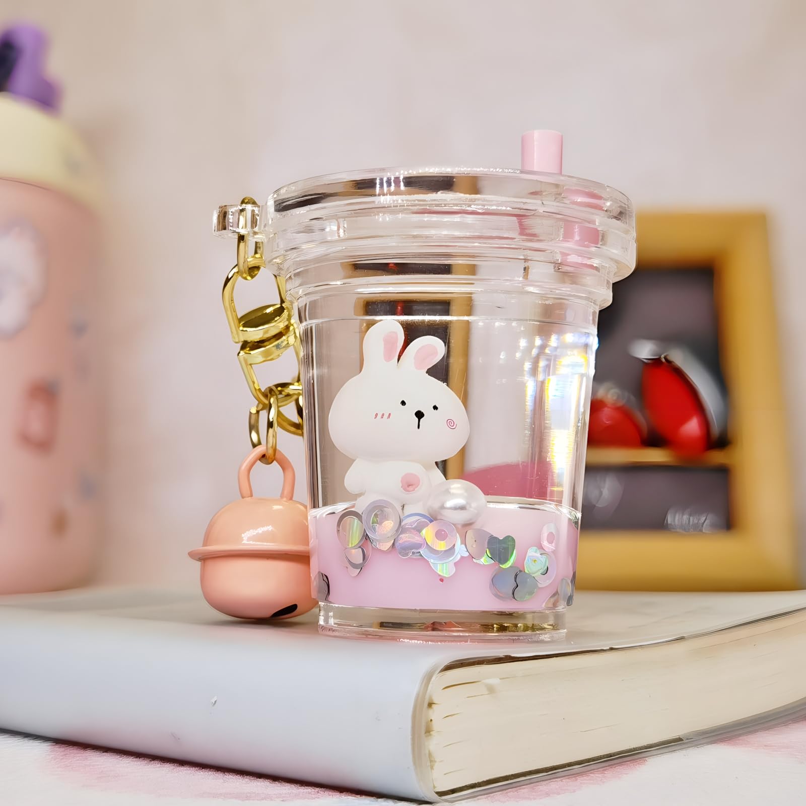 Rertnocnf Cute Kawaii Floating Cartoon Animals White Rabbit Milk Tea Cup Design Backpack Car Key Pendant Kids Girls Women Handbag Wallet Clear Acrylic Glitter Liquid Keychain