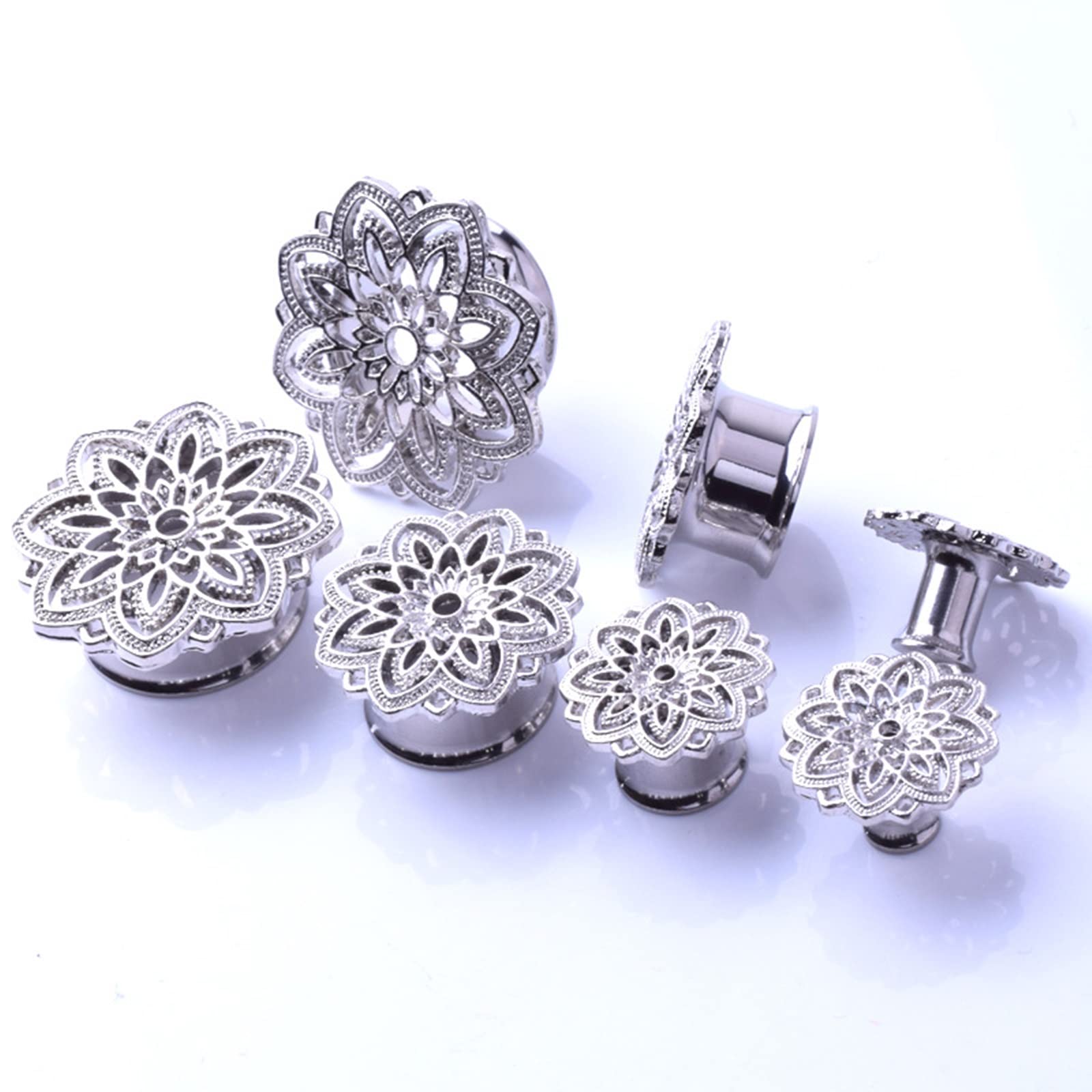 Mesnt 2PCS Plugs and Tunnels for Ears 12mm Ear Plugs Flesh Tunnels 1/2 inch Hollow Flower Shape Piercing Tunnels Expander Stretcher Piercing Jewelry, Silver