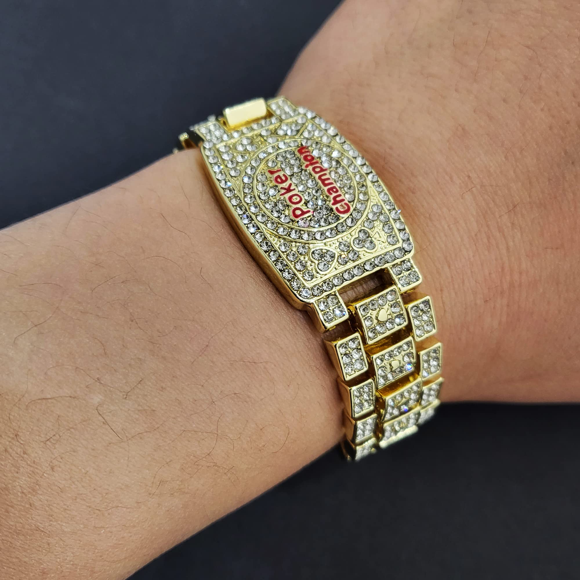 LAB DIAMOND LUCKY POKER CHAMPION BRACELET GOLD SILVER FINISH ICED BLING HIP HOP (GOLD)