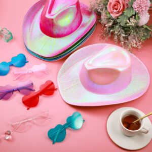 12 Pcs Holographic Space Cowgirl Hat with Rimless Sunglasses Neon Sparkly Cowboy Hat and Heart Sunglasses for Women Men Party(hot pink, pink, purple, blue, green and white)