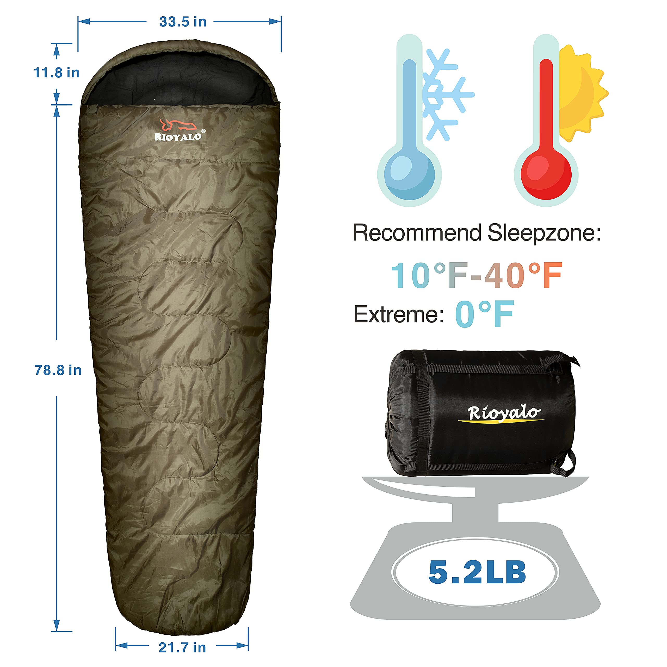 RIOYALO 0°F 0 Degree Winter Sleeping Bags for Adults Cold Weather | Grand-Teton Big and Tall Mummy Sleeping Bag w Compression Sack for Camping Hiking Backpacking | XL 90.6 in | Up to 6 ft 10 in