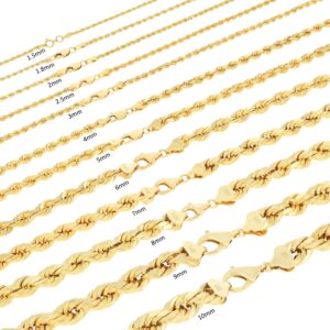 Nuragold 14K Yellow Gold Solid Rope Diamond Cut Chain Necklace, Bracelet, or Anklet/Lengths 7"- 30" / All widths from 1mm to 10mm - Real Italian Jewelry for Mens and Womens