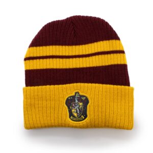 Harry Potter Gryffindor Premium Striped Beanie with Crest Patch Maroon, Size 5-8