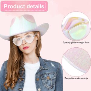 12 Pcs Holographic Space Cowgirl Hat with Rimless Sunglasses Neon Sparkly Cowboy Hat and Heart Sunglasses for Women Men Party(hot pink, pink, purple, blue, green and white)