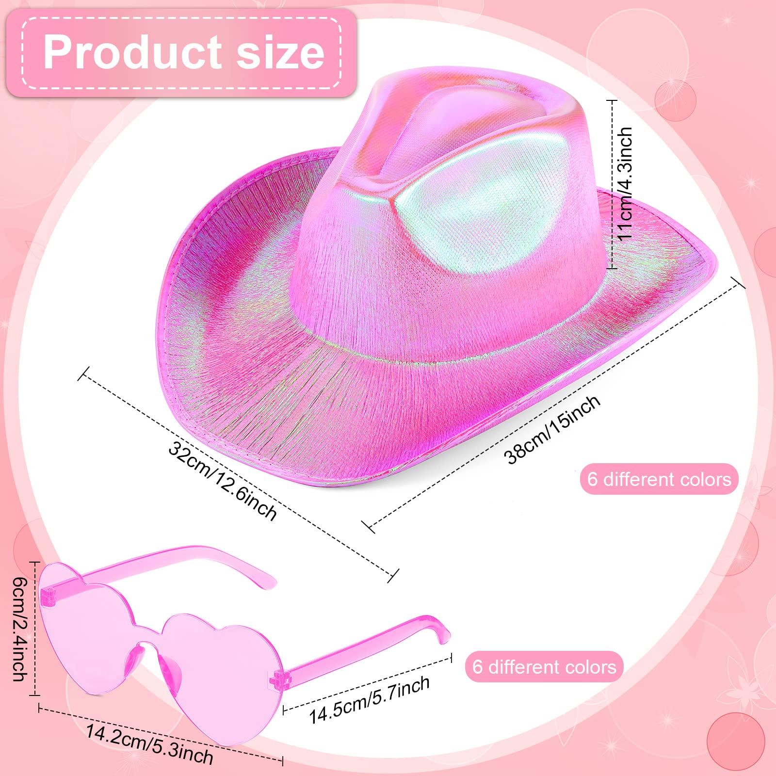 12 Pcs Holographic Space Cowgirl Hat with Rimless Sunglasses Neon Sparkly Cowboy Hat and Heart Sunglasses for Women Men Party(hot pink, pink, purple, blue, green and white)