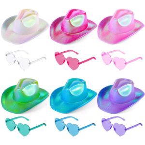 12 pcs holographic space cowgirl hat with rimless sunglasses neon sparkly cowboy hat and heart sunglasses for women men party(hot pink, pink, purple, blue, green and white)