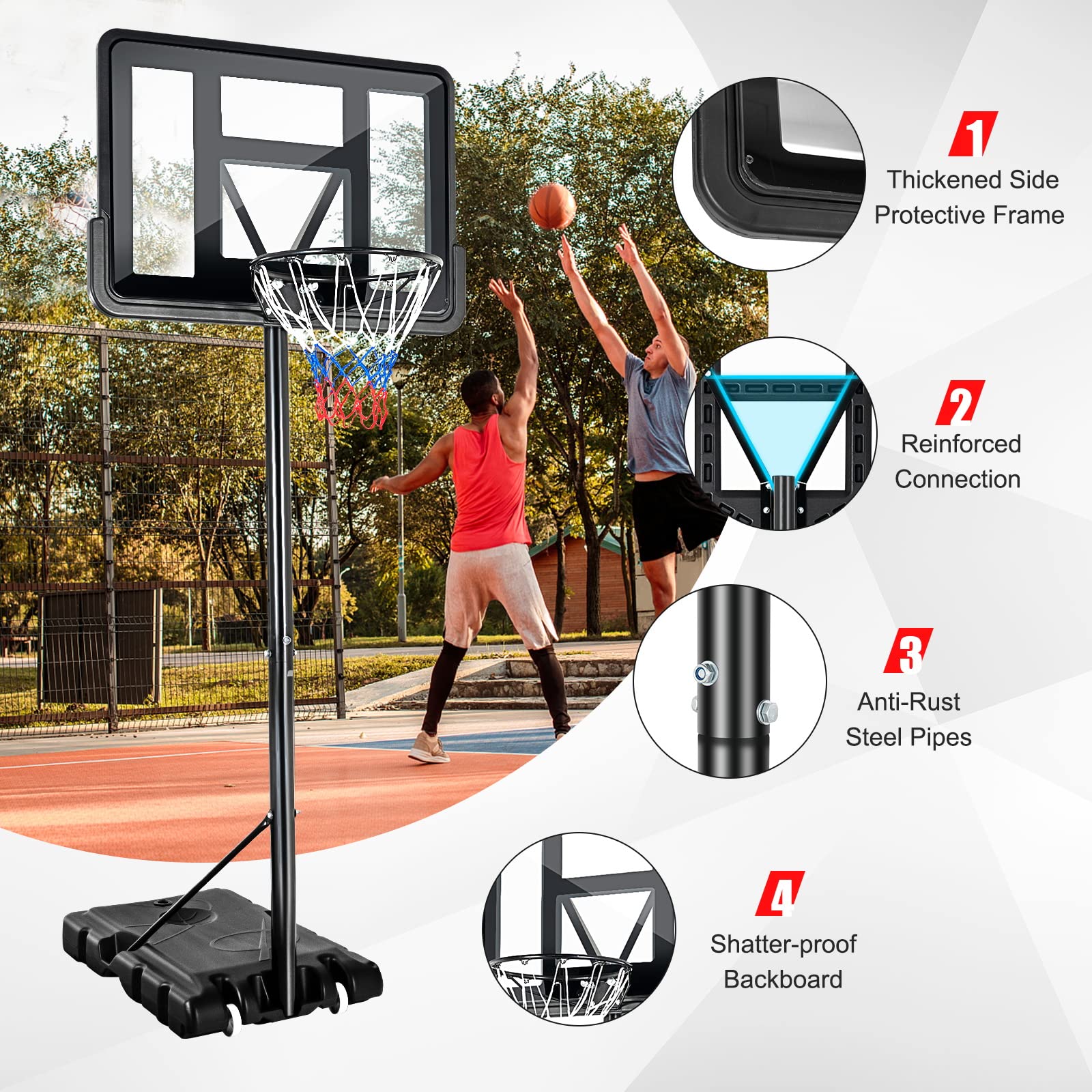 GYMAX Basketball Hoop Outdoor, 4.25 Ft to 10Ft Adjustable Basketball Goal with 44’’ Backboard & 18’’ Basket, All Weather Portable Basketball Stand w/Wheels, for Kids Youth Adult, Indoor Gym, Driveway