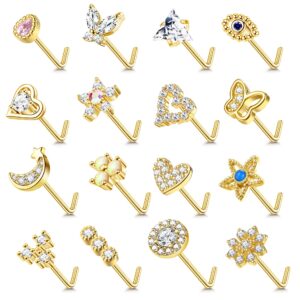 YADOCA 16 Pcs 20G Nose Studs Surgical Steel L Shaped Nose Rings Studs for Women Opal CZ Heart Butterfly Nose Piercing Jewelry Silver Rose Gold