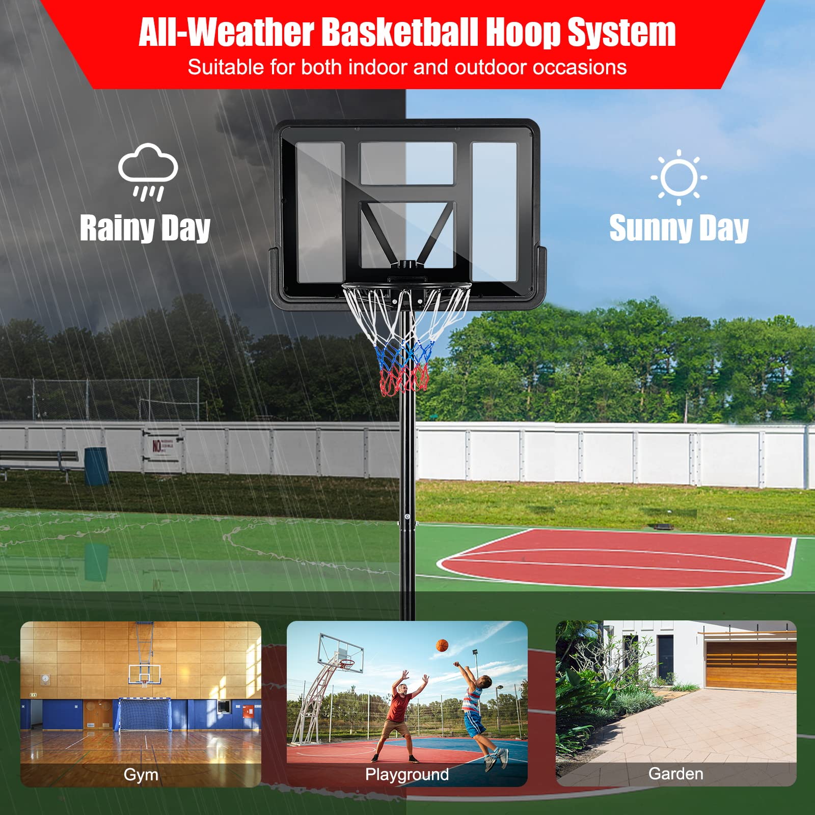 GYMAX Basketball Hoop Outdoor, 4.25 Ft to 10Ft Adjustable Basketball Goal with 44’’ Backboard & 18’’ Basket, All Weather Portable Basketball Stand w/Wheels, for Kids Youth Adult, Indoor Gym, Driveway