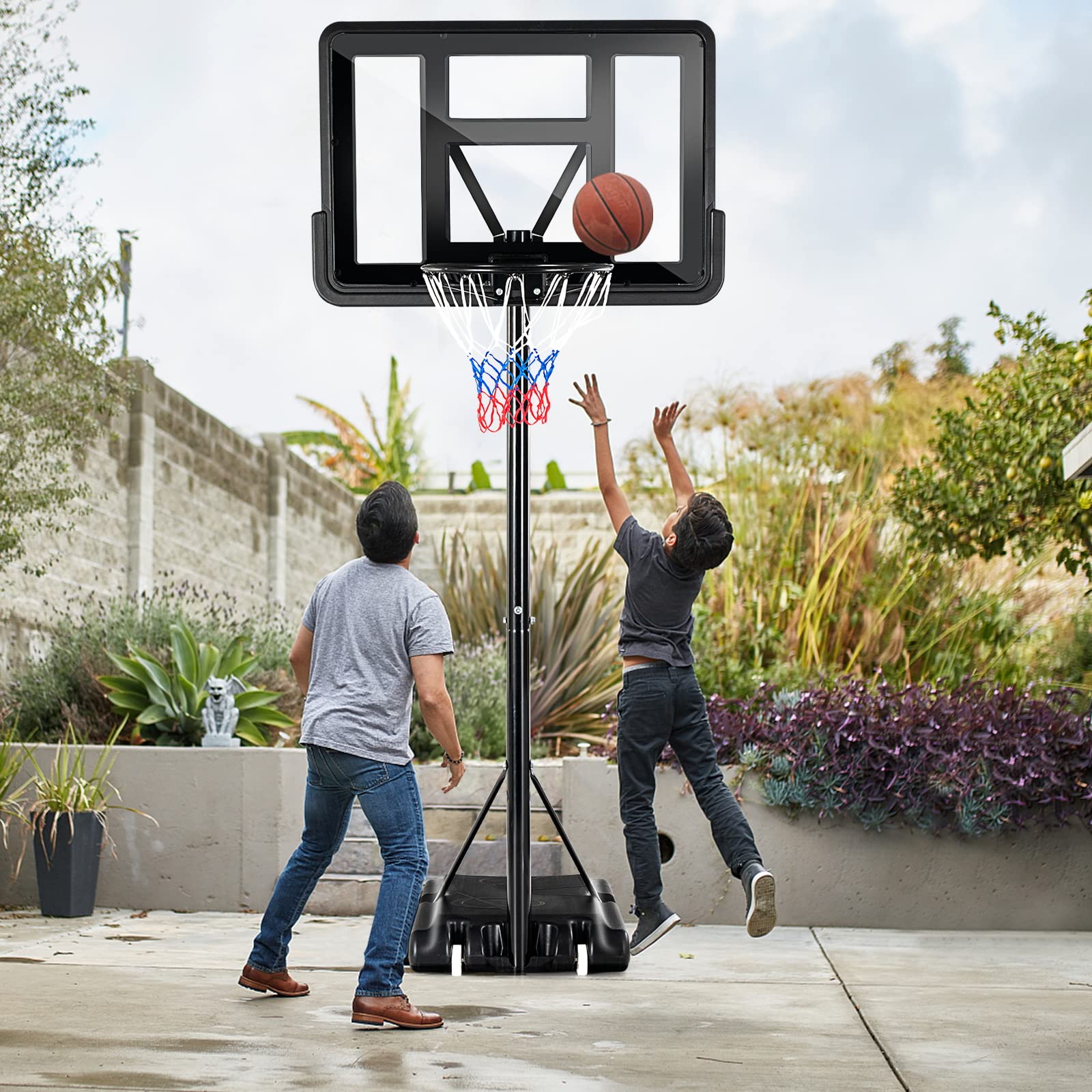 GYMAX Basketball Hoop Outdoor, 4.25 Ft to 10Ft Adjustable Basketball Goal with 44’’ Backboard & 18’’ Basket, All Weather Portable Basketball Stand w/Wheels, for Kids Youth Adult, Indoor Gym, Driveway