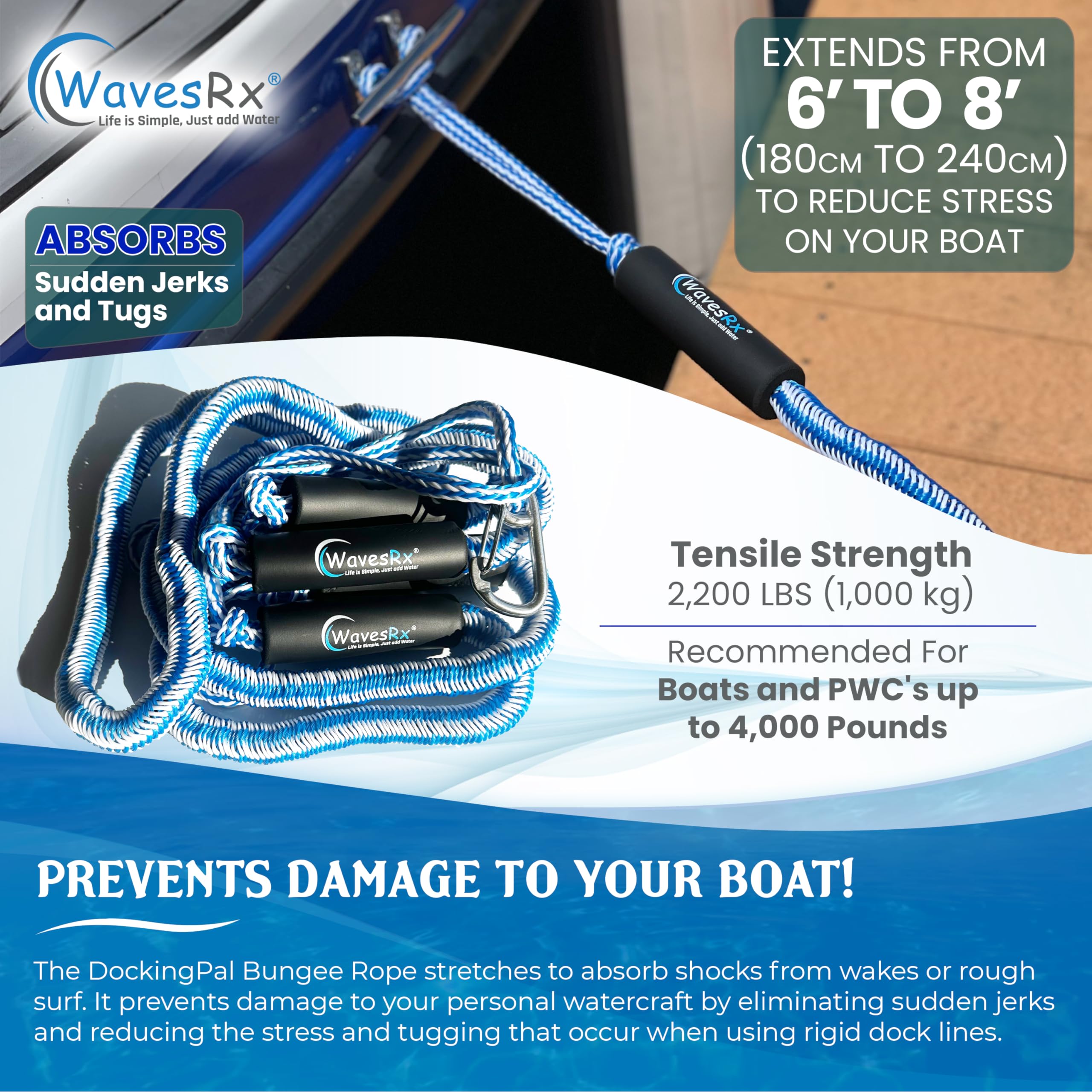 Premium Bungee Dock Line for Boats & PWC - DockingPal | Elastic Mooring Rope Stretches to Absorb Shocks & Prevent Damage to Your Watercraft | Safer Docking for Your Boat, Jet Ski, Pontoon or Kayak