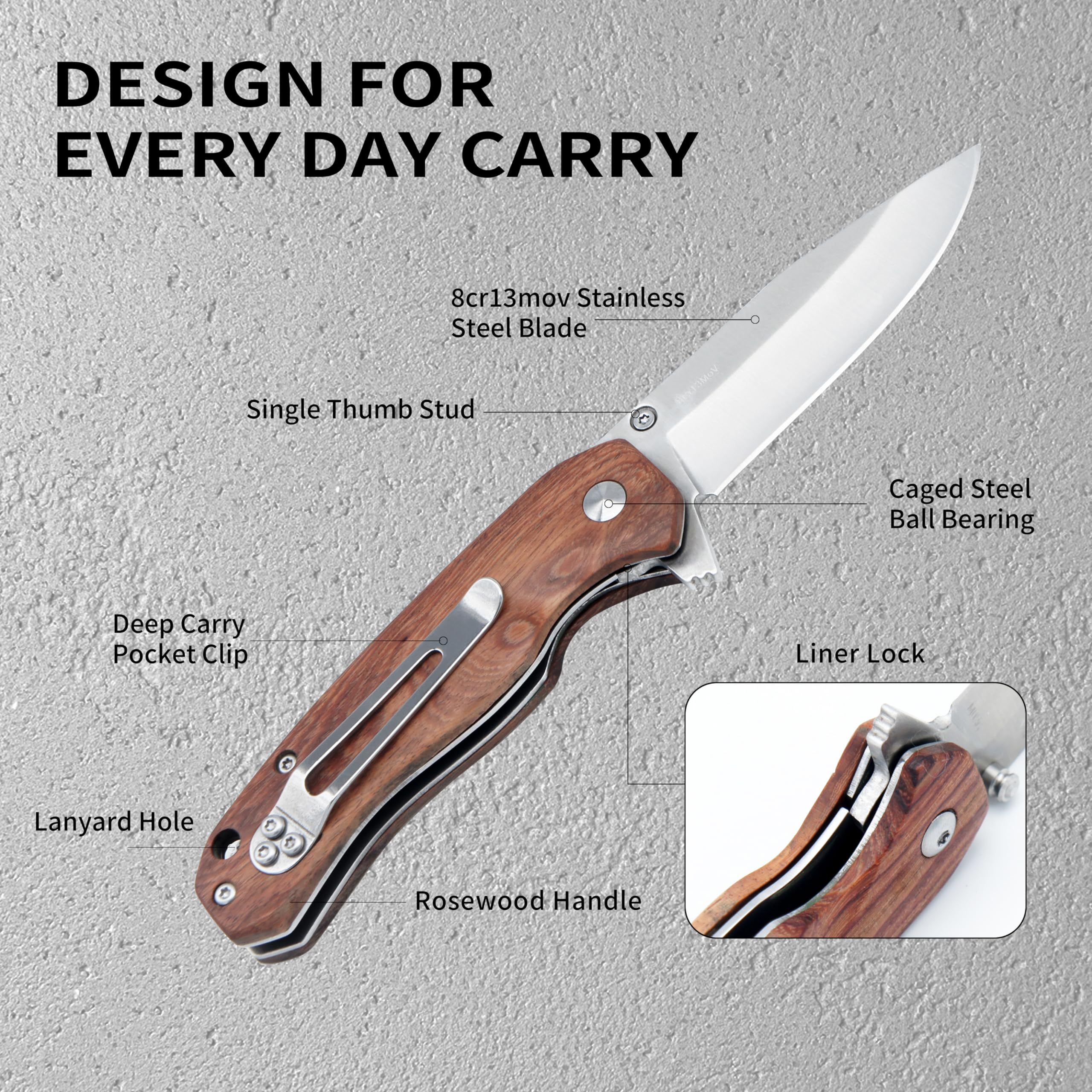 Wood Handle Pocket Knife, 2.9in 8Cr13MoV Stainless Steel Blade, EDC Knife with Belt Clip for Hunting, Camping, Hiking, and Everyday Carry, 6.5in