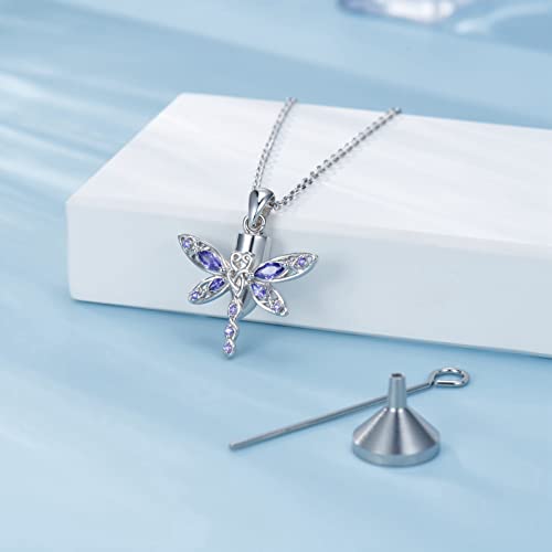 MANBU Dragonfly Cremation Urn Necklace for Ashes - 925 Sterling Silver Memorial Keepsake with CZ Pendant Jewelry Women Keepsake Bereavement Gift for A Loss of the Loved One