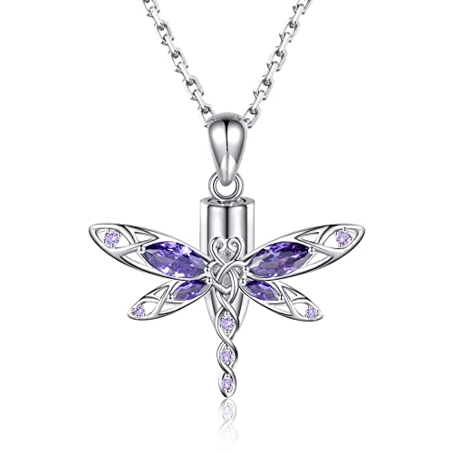 MANBU Dragonfly Cremation Urn Necklace for Ashes - 925 Sterling Silver Memorial Keepsake with CZ Pendant Jewelry Women Keepsake Bereavement Gift for A Loss of the Loved One