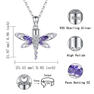 MANBU Dragonfly Cremation Urn Necklace for Ashes - 925 Sterling Silver Memorial Keepsake with CZ Pendant Jewelry Women Keepsake Bereavement Gift for A Loss of the Loved One