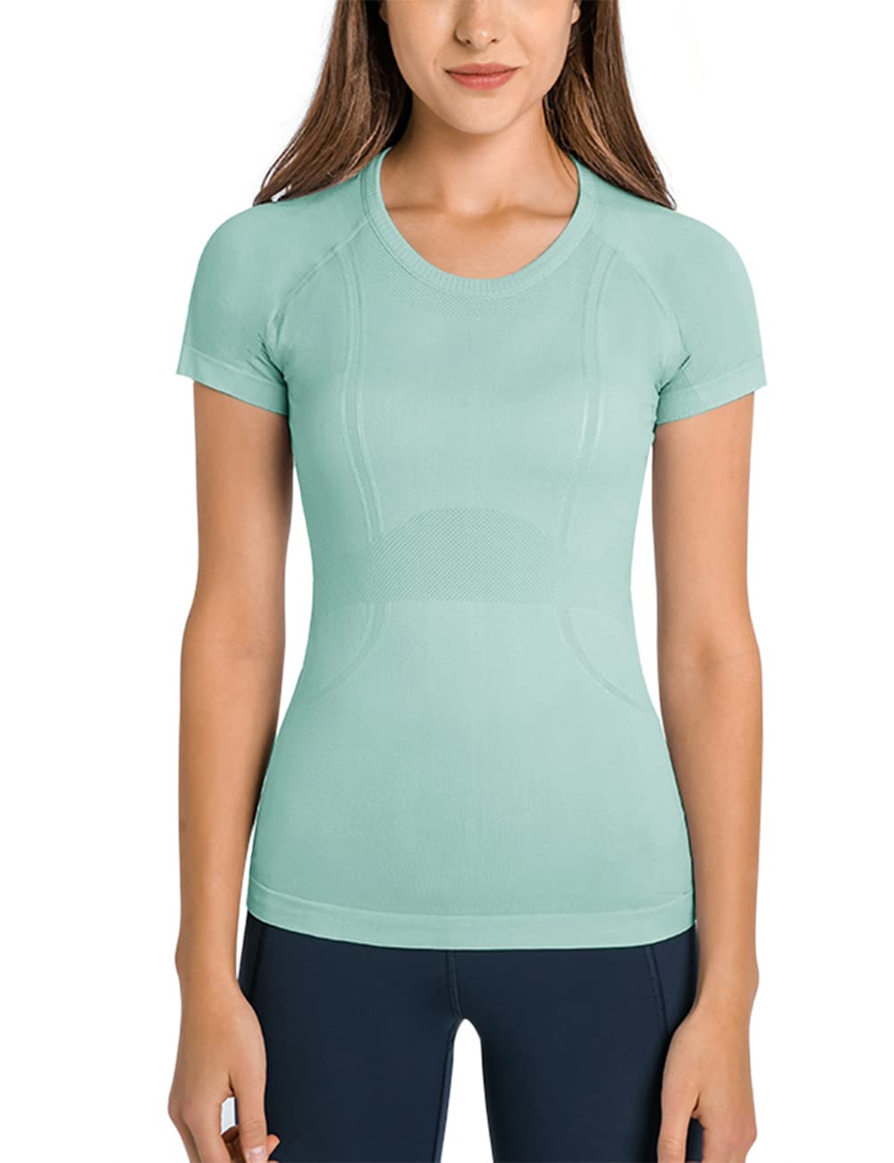 LUYAA Womens Yoga Tops Short Sleeves Seamless Fitted Gym Running Sports Summer Breathable Mint Green M