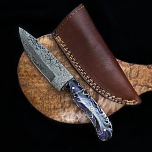 Titan International Knives Damascus Steel Fixed Blade Hunting and Skinning Knife | Handmade 1095 4340 Carbon Mix Hand Pounded | Stabilized Acrylic Handle includes Leather Sheath