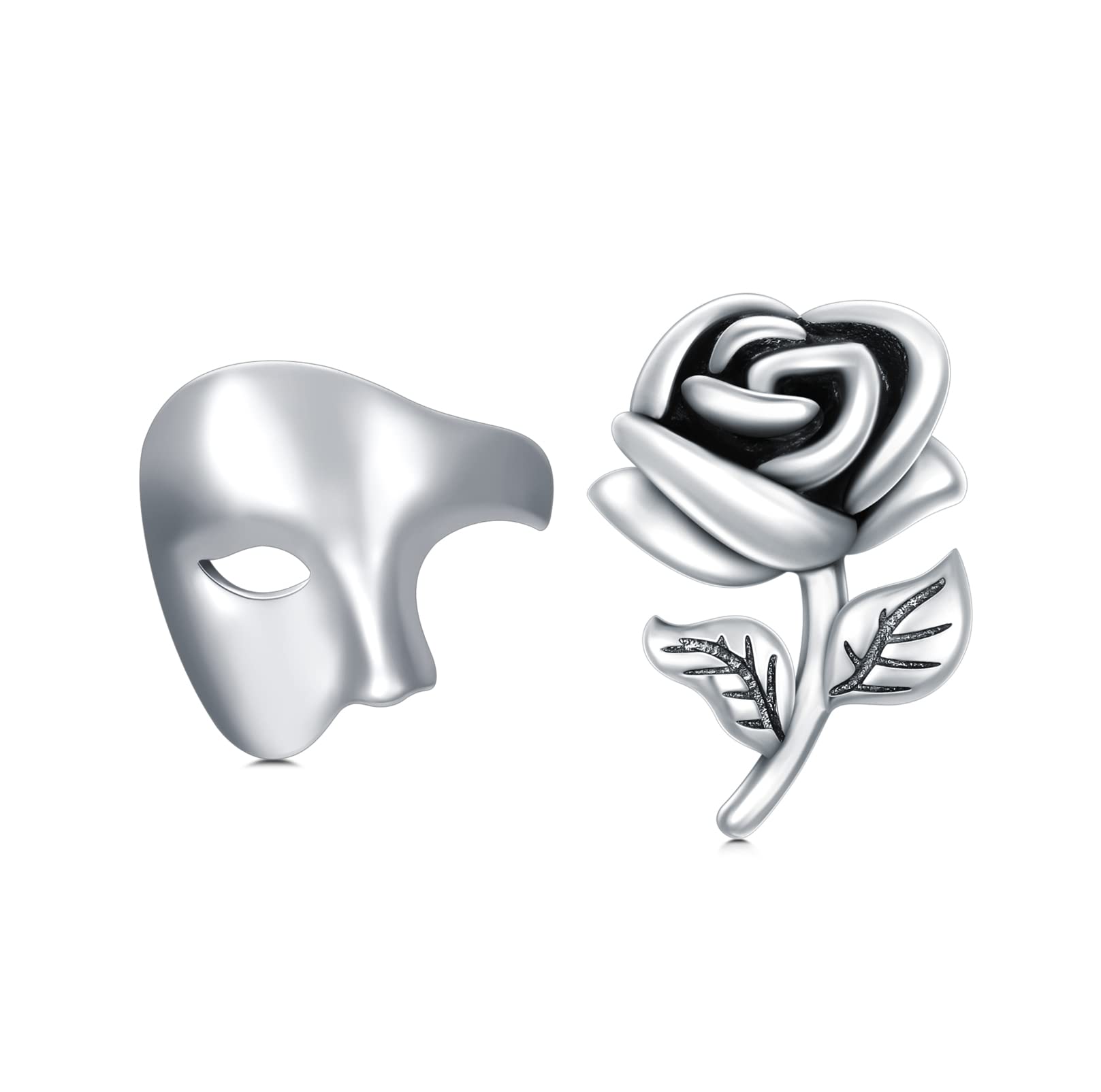 YAFEINI Phantom of The Opera Mask and Rose Flower Earrings Sterling Silver Half Face Mask Stud Earrings Theatre Jewelry Gifts for Women Men