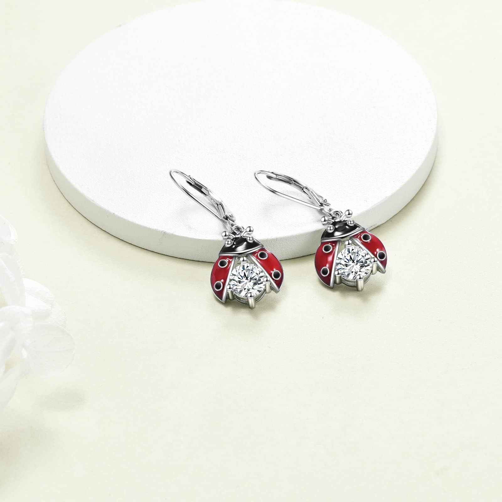 POPLYKE Ladybug Earrings for Women 925 Sterling Silver Ladybug Leverback Earrings Jewelry Ladybug Cubic-Zirconia (Red Ladybug)