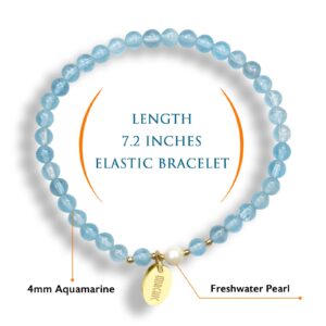 Morchic 4mm Natural Aquamarine Gemstone Beads Stretch Bracelet for Women, With Freshwater Pearls, Energy Gem Birthday Gift for Her 7.2”