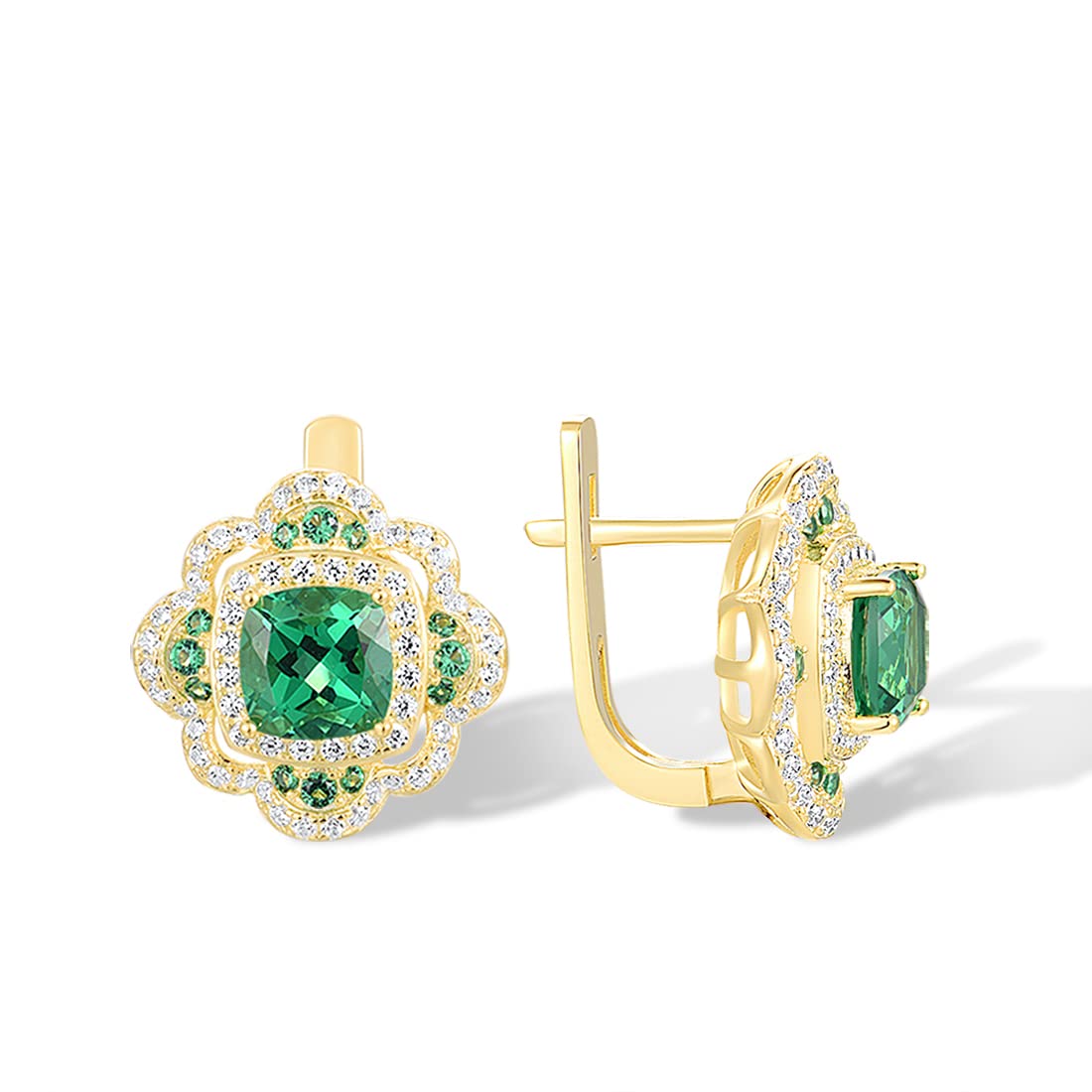 Santuzza 925 Sterling Silver Flower Shape Gemstone Earrings Gold Plated Green Spinel White Cubic Zirconia Daisy Huggie Earrings for Women