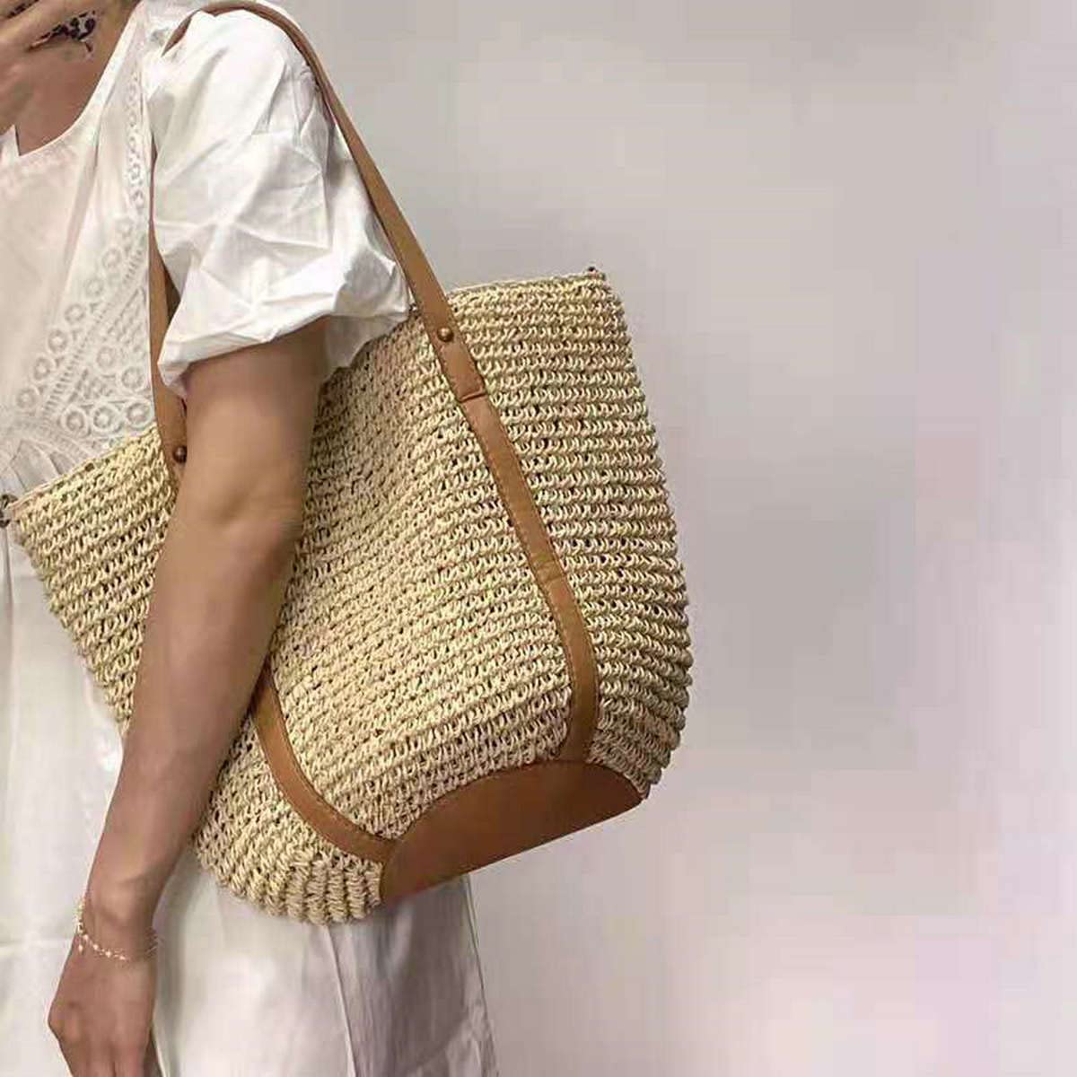 Straw Bag for Women Large Handwoven Bucket Tote with Tassel Slouchy Purse Summer Beach Handbag Wicker Rattan Round Woven Boho Shoulder