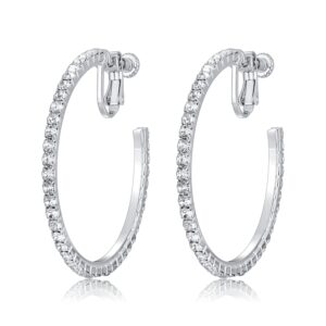 LAXPICOL Fashion Sparkly Austrian Circle Hoop Earrings Clip On Earrings For Women No Piercing Earrrings Silver Tone 1.6"*1.6"